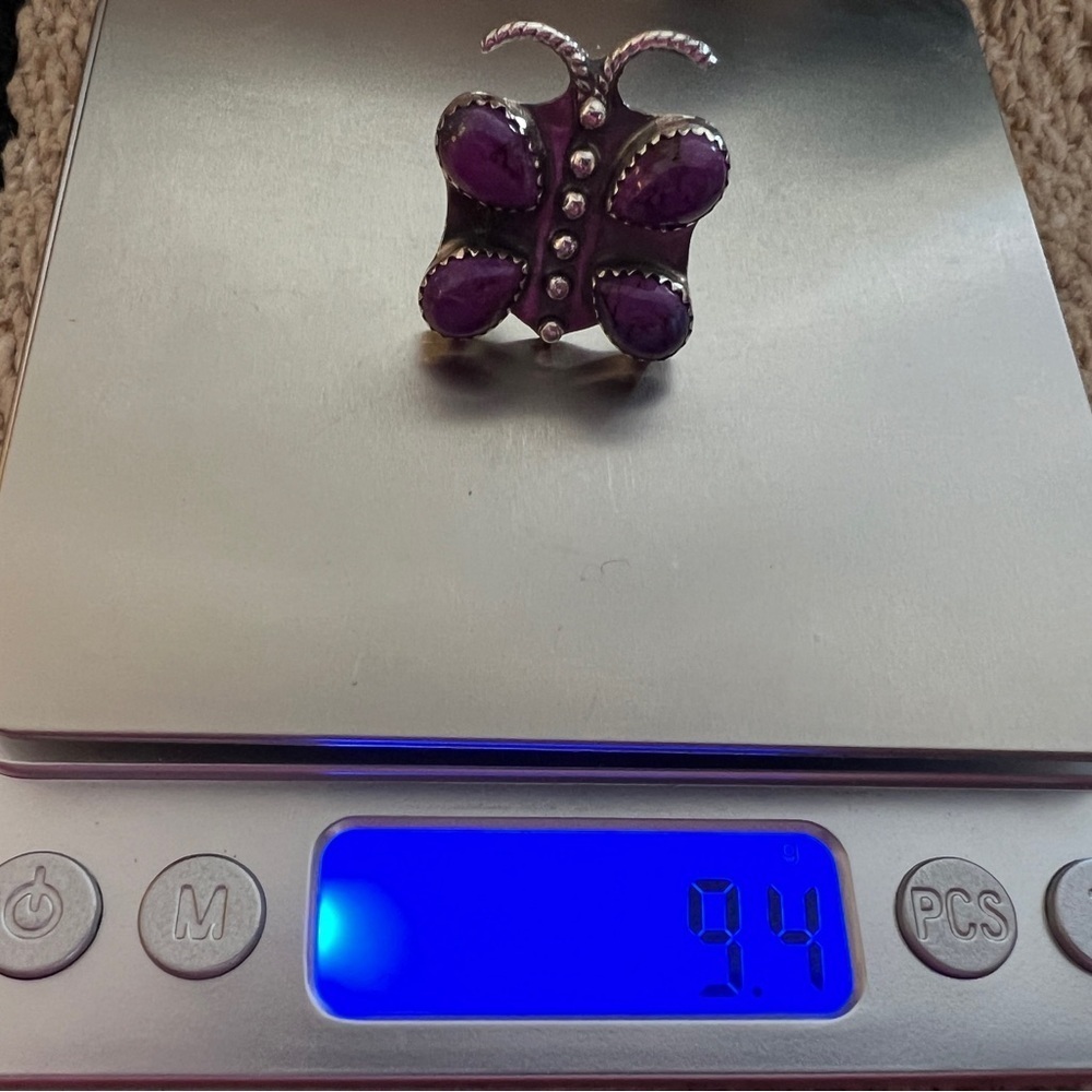 ❤️ Purple Dahlia Kingman Turquoise Butterfly Adjustable Sterling Ring 9.4 Gm - Picture 8 of 15